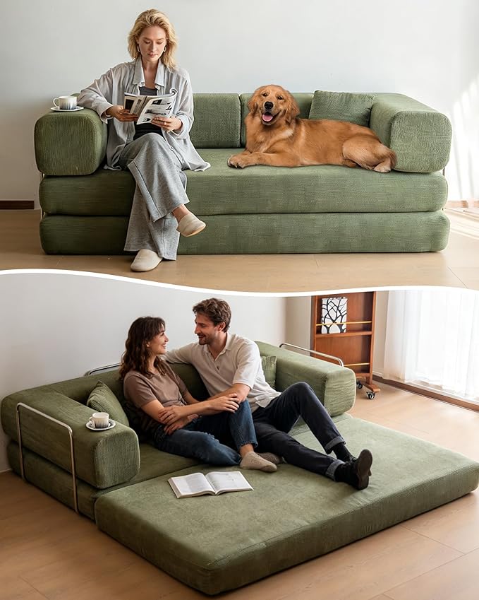 No Assembly Convertible Sofa Bed & 79" Boneless Couch with Pocket , 5-in-1 Futon Sofa Bed with 2 Pillows Modular Pull Out Couch Bed with Frame,Compression in Box for Living Room Small Spaces Green