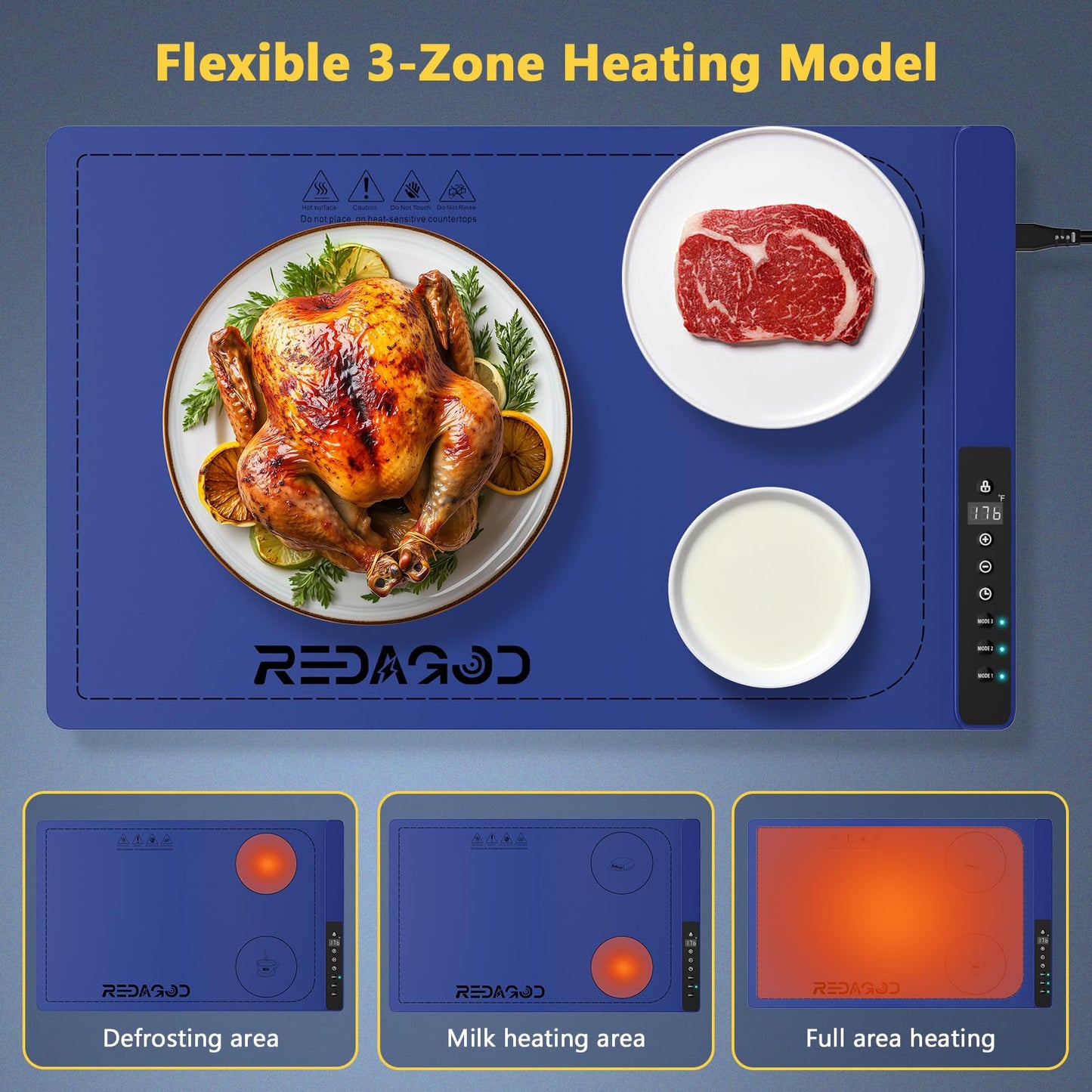 Food Warming Mat with 3-Zone Heating Mode, Redagod Electric Warming Tray with 9 Temperature & 8 Timer Settings, Hook and Roll Up Storage, Portable Countertop Food Heating Mat for Home Daily Use, Blue