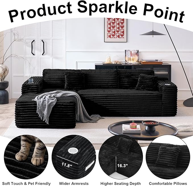 Cloud Sectional Couch with L-Shape Chaise, Modern Modular Sofa with Deep Seat, Built-in Cup Holder & Storage Pocket for Living Room Bedroom, No Assembly Required (Black, Left Sitting Chaise)