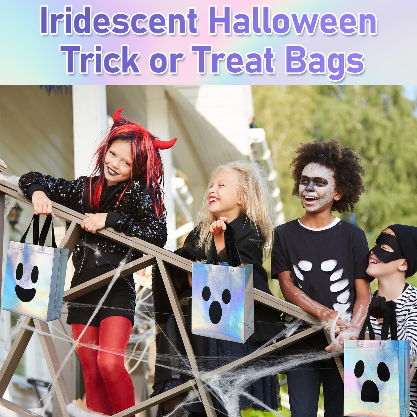 Paterr 24 Pcs Iridescent Halloween Trick or Treat Bags Holographic Ghost Candy Goodie Tote Reusable Non-woven Gift Bags for Summer Halloween Party Supplies Favors, 8''x4''x10''