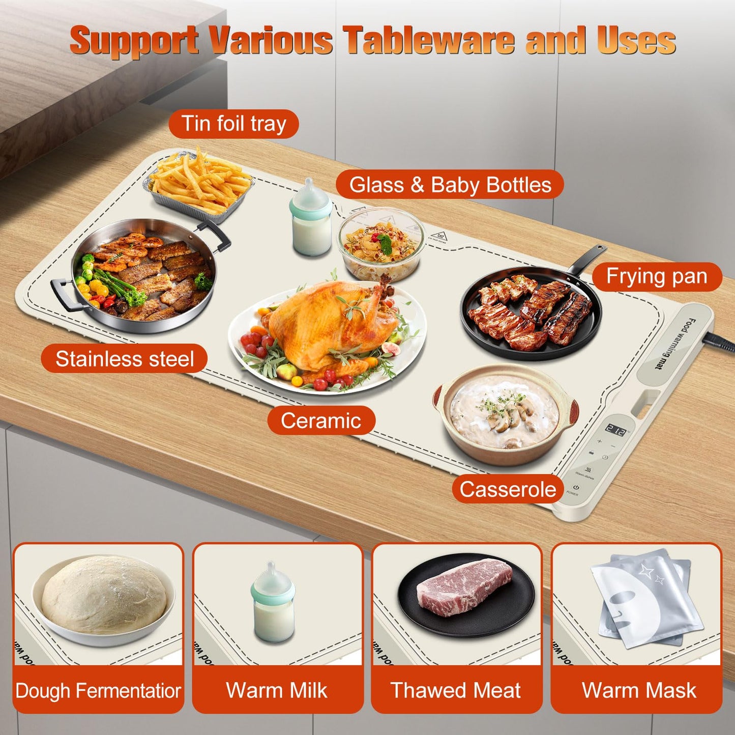 ATAUSD Warming Mat for Food Extra Large, Electric Warming Tray, 15"x31.5" Silicone Heating Mat with 7 Level Adjustable Temp and 8 Hours Timer, Food Warmer for Parties Buffet Home Travel, Beige