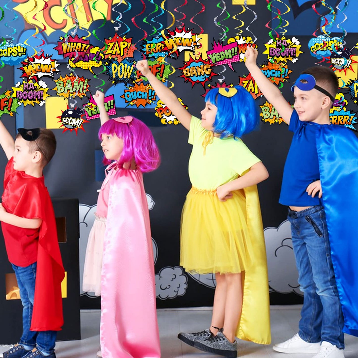 Superhero Hanging Swirls 30 Pack Hero Action Sign Foil Ceiling Hanging Swirls Streams Banner Decor Garland for Kids Superhero Baby Shower Celebrating Events Birthday Party Supplies Room Wall Decor