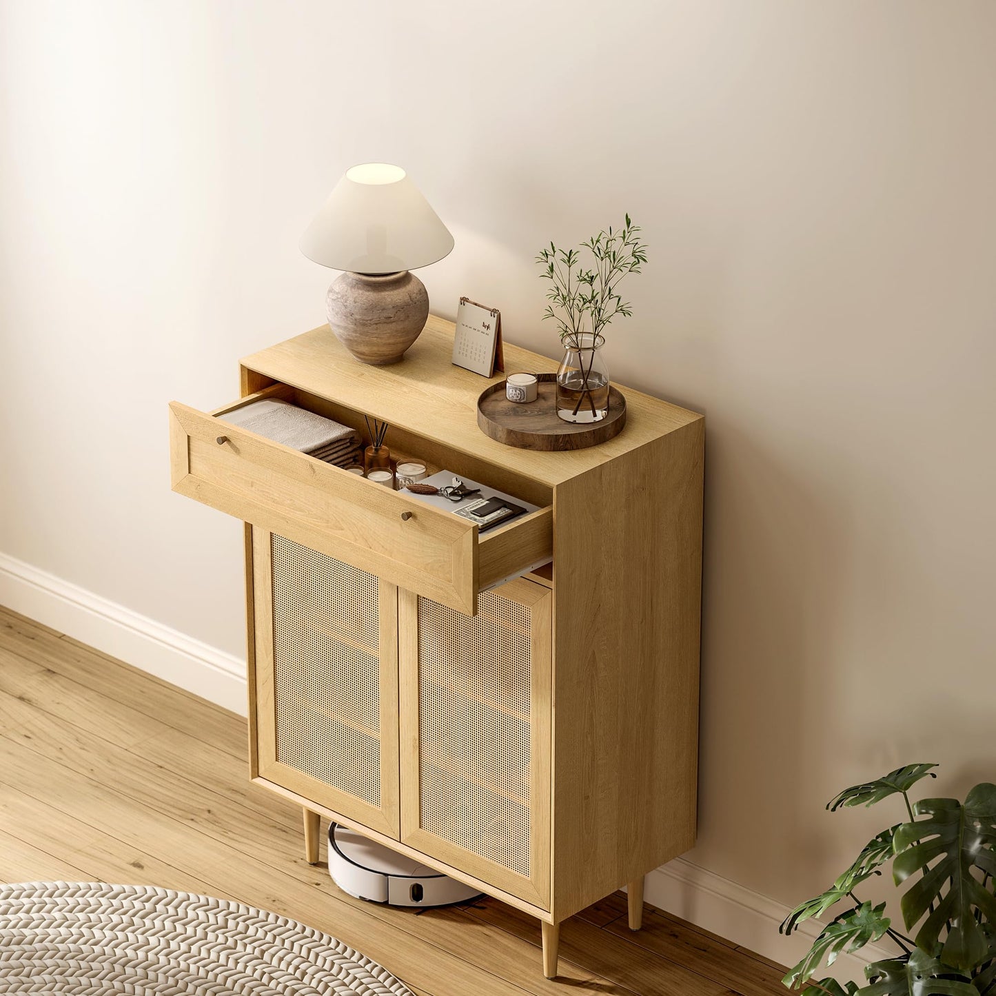 MoomJiee Farmhouse Rattan Shoe Cabinet Boho Shoe Storage Cabinet with 2 Doors Large Wooden Freestanding Shoe Rack Organizer with 4-Tier for Hallway, Entryway, Living Room, Natural Oak