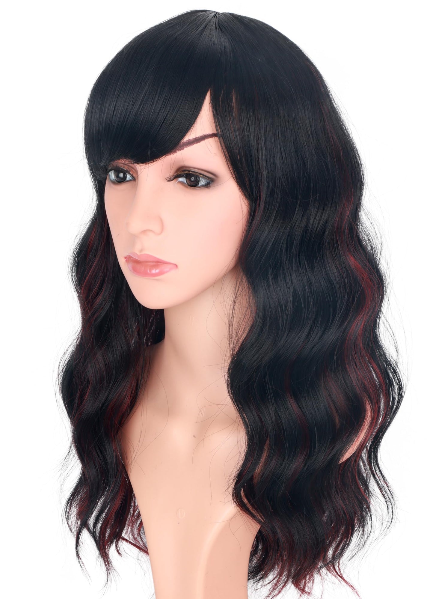 SYMEIW Burdundy-Black Hair Wavy Wigs With Bangs For Women Synthetic Black Hair With Red Undertones Wigs For Daily Use Everyday W