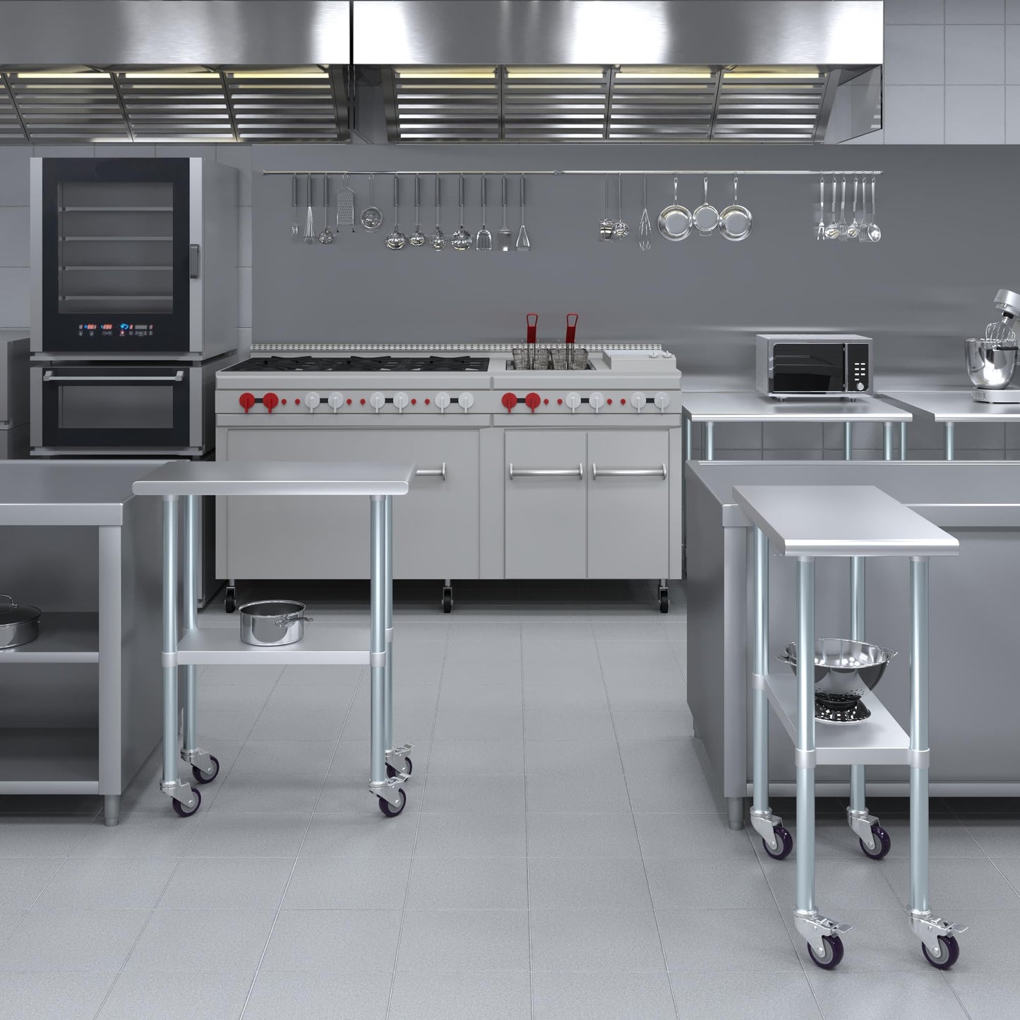 AmGood 30 in. x 15 in. Stainless Steel Work Table with Wheels | Metal Kitchen Food Prep Table | NSF