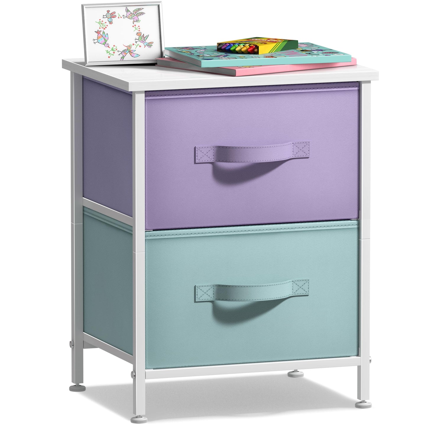 Sorbus Nightstand with 2 Drawers - Kids Bedside Furniture End Table Night Stand - Steel Frame, Wood Top & Easy Pull Fabric Bins - Dresser & Chest for Home, Bedroom Accessories, Office & College Dorm