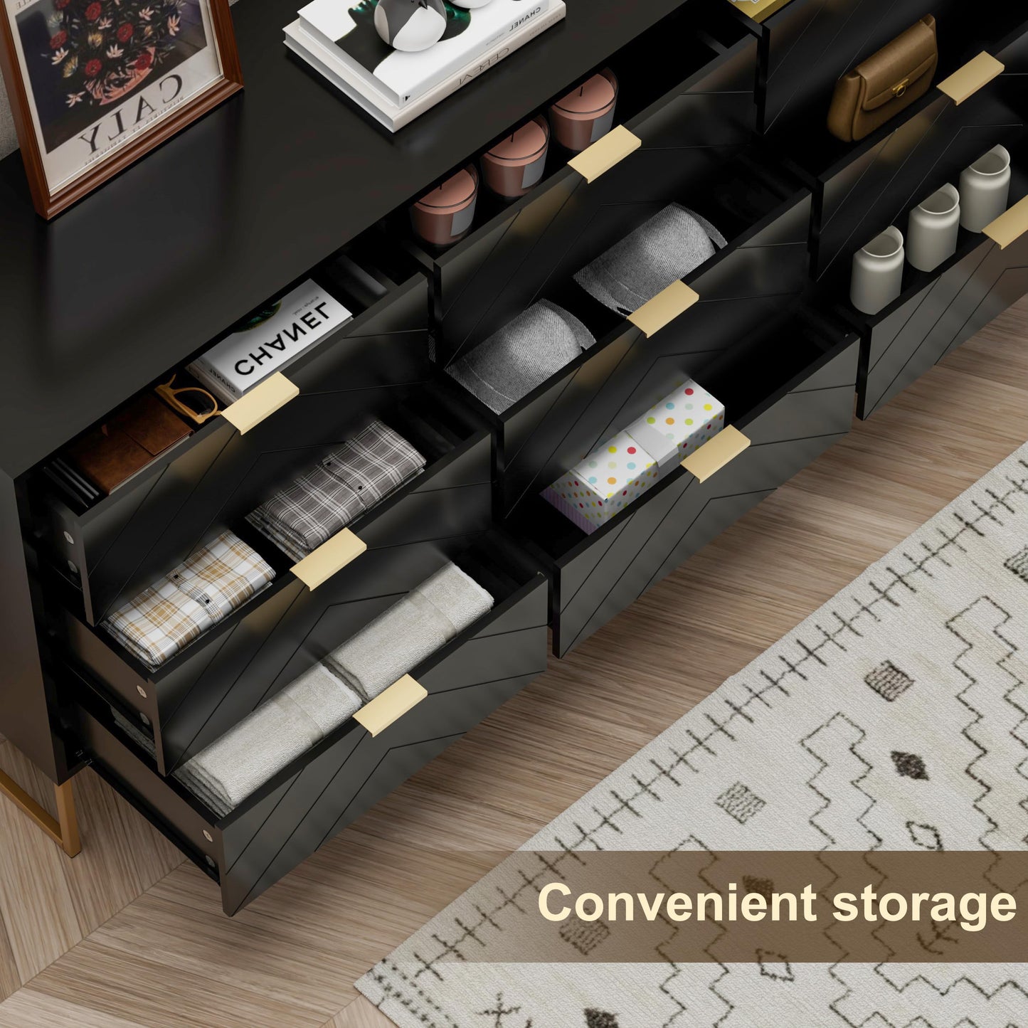 Scurrty 59" Large Chest of Drawers, Storage Cabinet 9 Drawer Dresser with Lines, Black Dressers with Storage,Dressers for Living Room, Bedroom