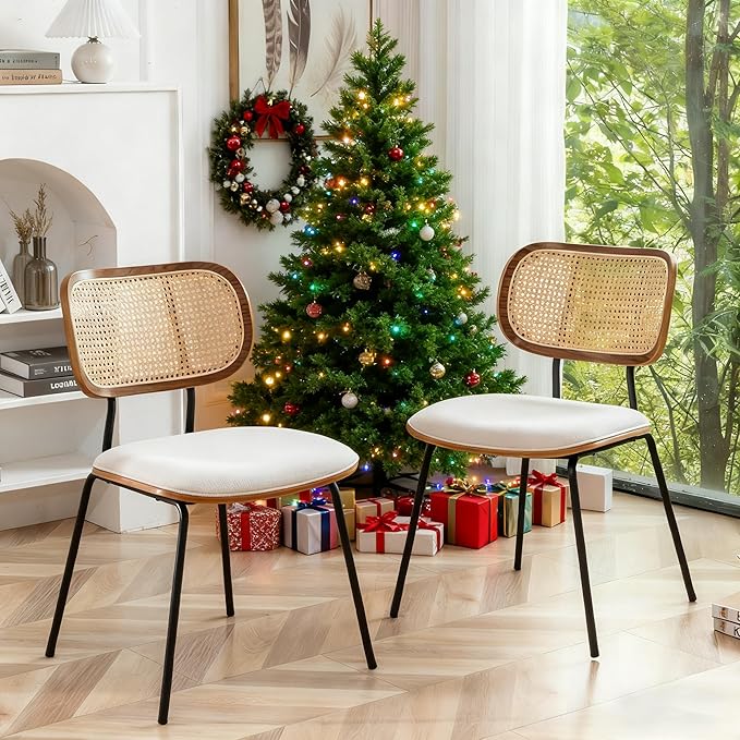 HOCEWI Rattan Dining Chairs Set of 2, Mid Century Modern Dining Chairs with Cane Back for Kitchen Dining Room, 19 Inch Fabric Beige