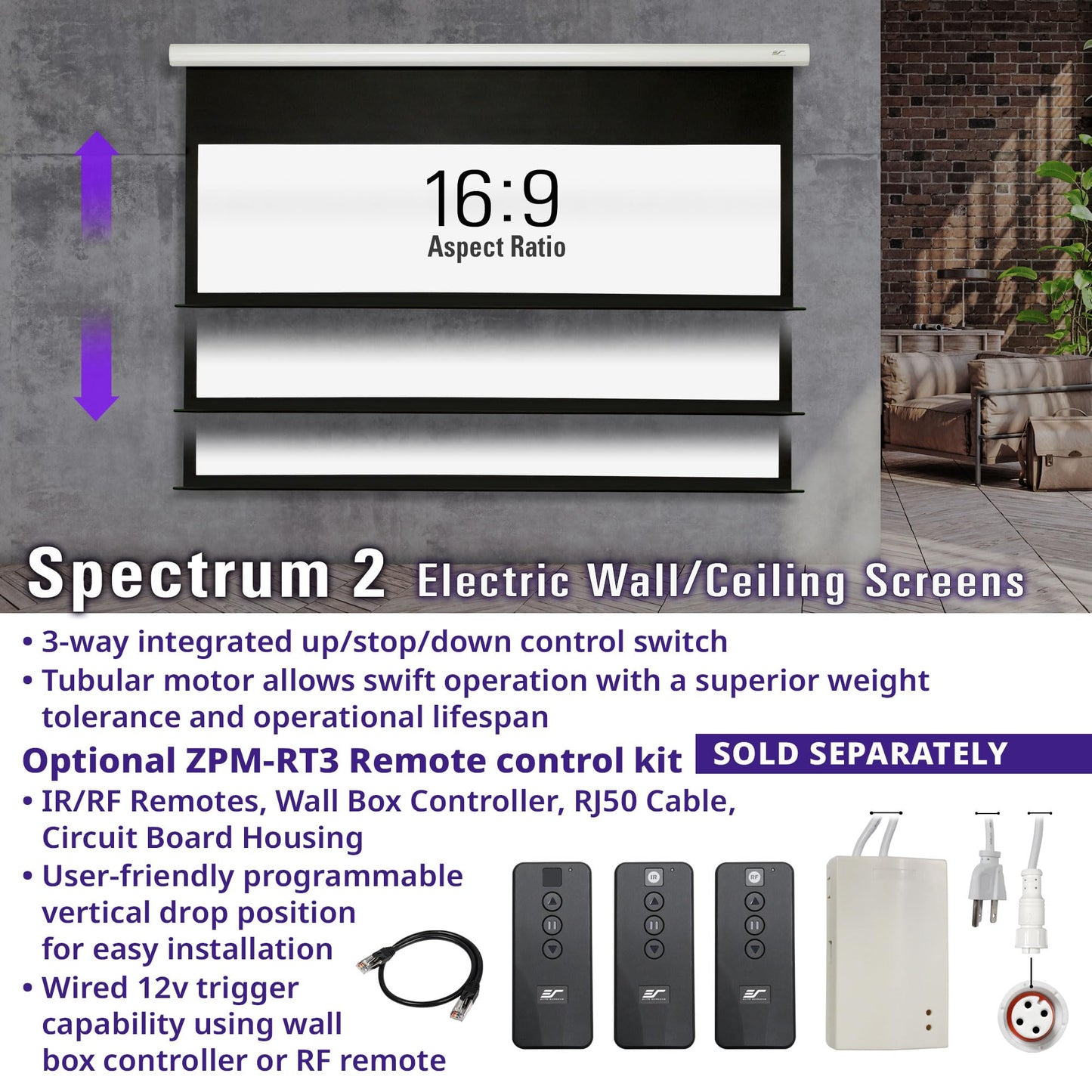 Elite Screens Spectrum2, 120-inch 16:9, 12-inch Drop, Electric Motorized Drop Down Projection Projector Screen, SPM120H-E12