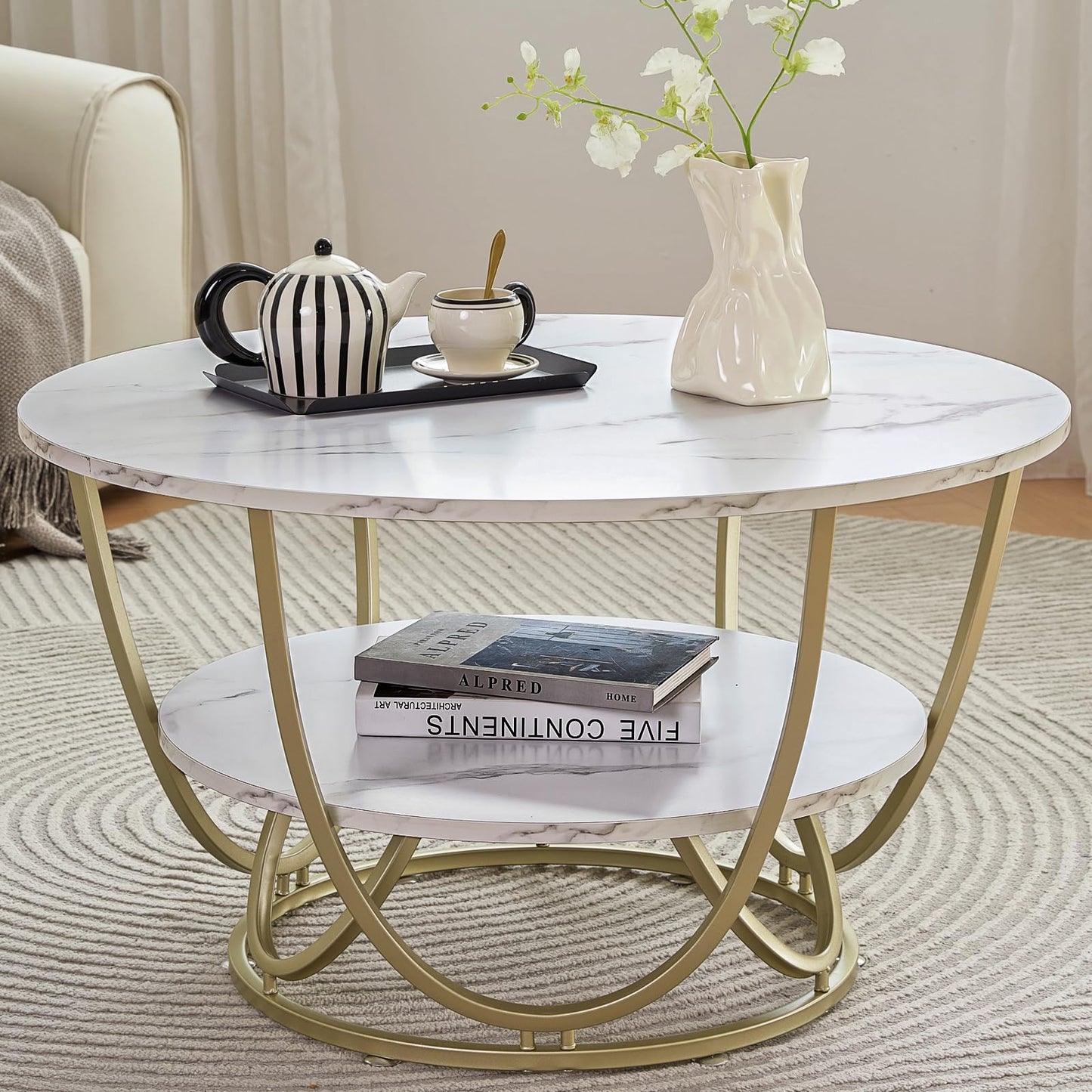Elephance Round Coffee Table with Storage, 30 Inch Modern Coffee Table for Living Room,Wooden Tabletop-Marble White Print with Gold Frame