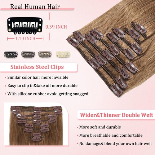 Clip in Hair Extensions Real Human Hair Clip in Extensions for Women Seamless Invisible Chestnut Brown Natural Remy 100% Human Clips ins Extension 8pcs Double Weft 22 inch 4oz/110g