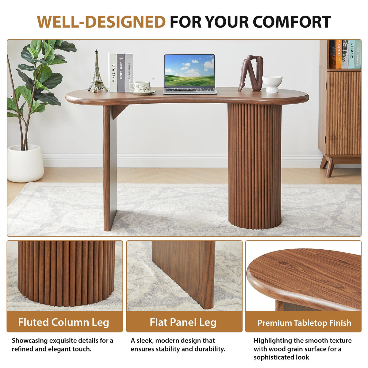 LEVNARY 54.3" Curved Small Computer Desk, Wooden Executive Desk with Sturdy Fluted Legs, Modern Luxury Corner Single Writing Vanity Desk for Bedroom Living Room Home Office (Walnut)