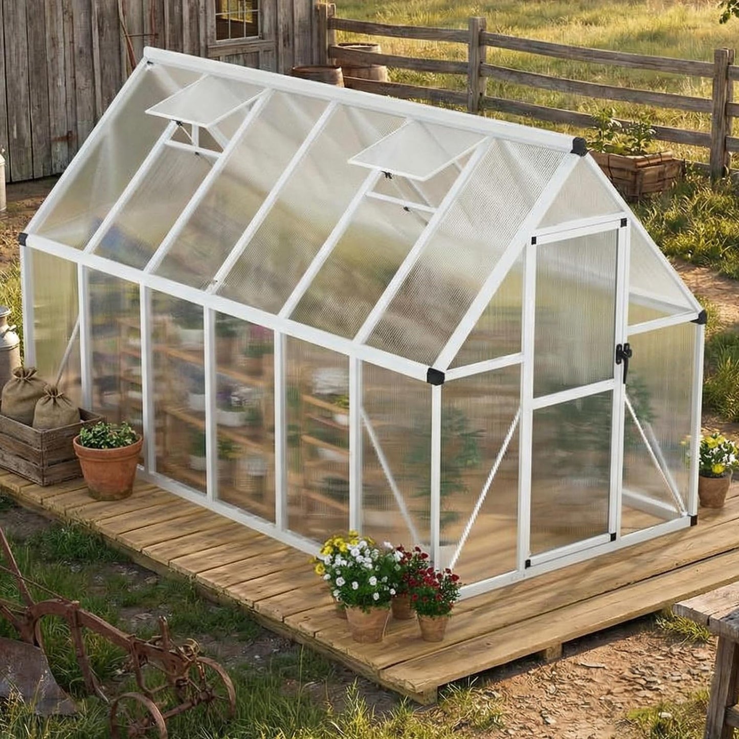 IDEALHOUSE 6x11 FT Outdoor Greenhouse with Windproof Aluminum Frame, Polycarbonate Greenhouse, Lockable Door and Ajustable Roof Vent, Aluminum Walk-in Greenhouses, for Backyard, Lawn