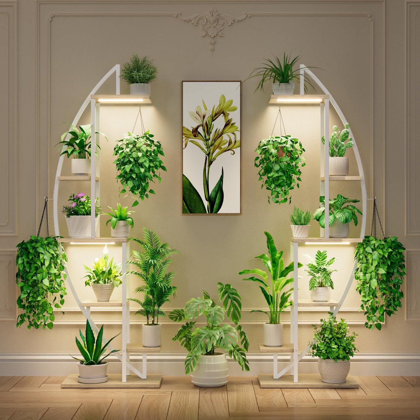 BACEKOLL 63" Metal Plant Stand Indoor With Grow Lights - 6 Tiered Tall Shelf for Multiple Plants, Half-Moon Rack Display, Holder for Living Room, Patio - White