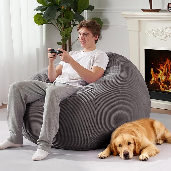 Homguava 4FT Bean Bag Chair for Adults,Teardrop Bean Bags Big Beanbag Chair with Memory Foam Filled and Ultra Soft Removable Corduroy Cover for Living Room, Bedroom (Grey)