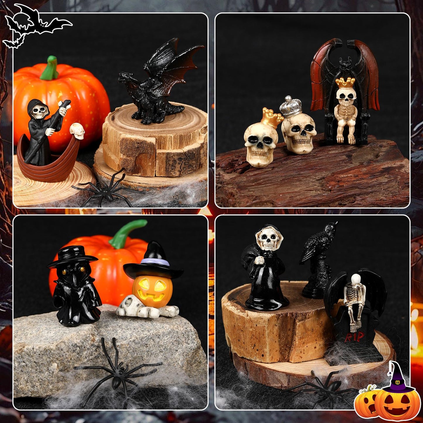 IESCOO 20 Pcs Halloween Miniatures Figurines, Mini Resin Skeleton Pumpkin Ghost Crow Bat Dragon Tombstones Tree Decorations for Halloween Village Garden Crafts Home Decor Accessories