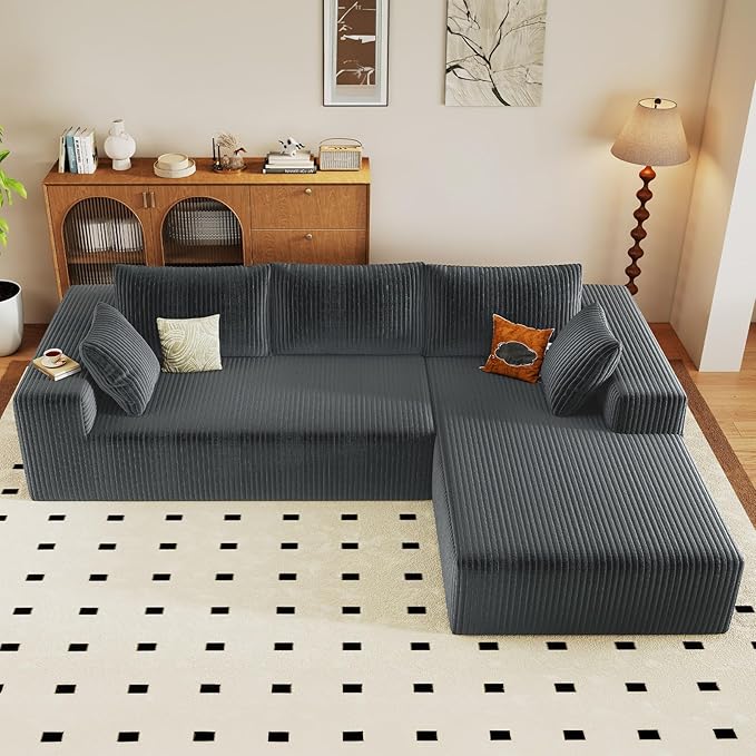 96" Cloud Sectional Couch with L-Shape Chaise, Modern Corduroy Boneless Couch for Living Room,Memory Foam Sofa with Deep Seat,No Assembly Required (Grey,Right-Facing Chaise)
