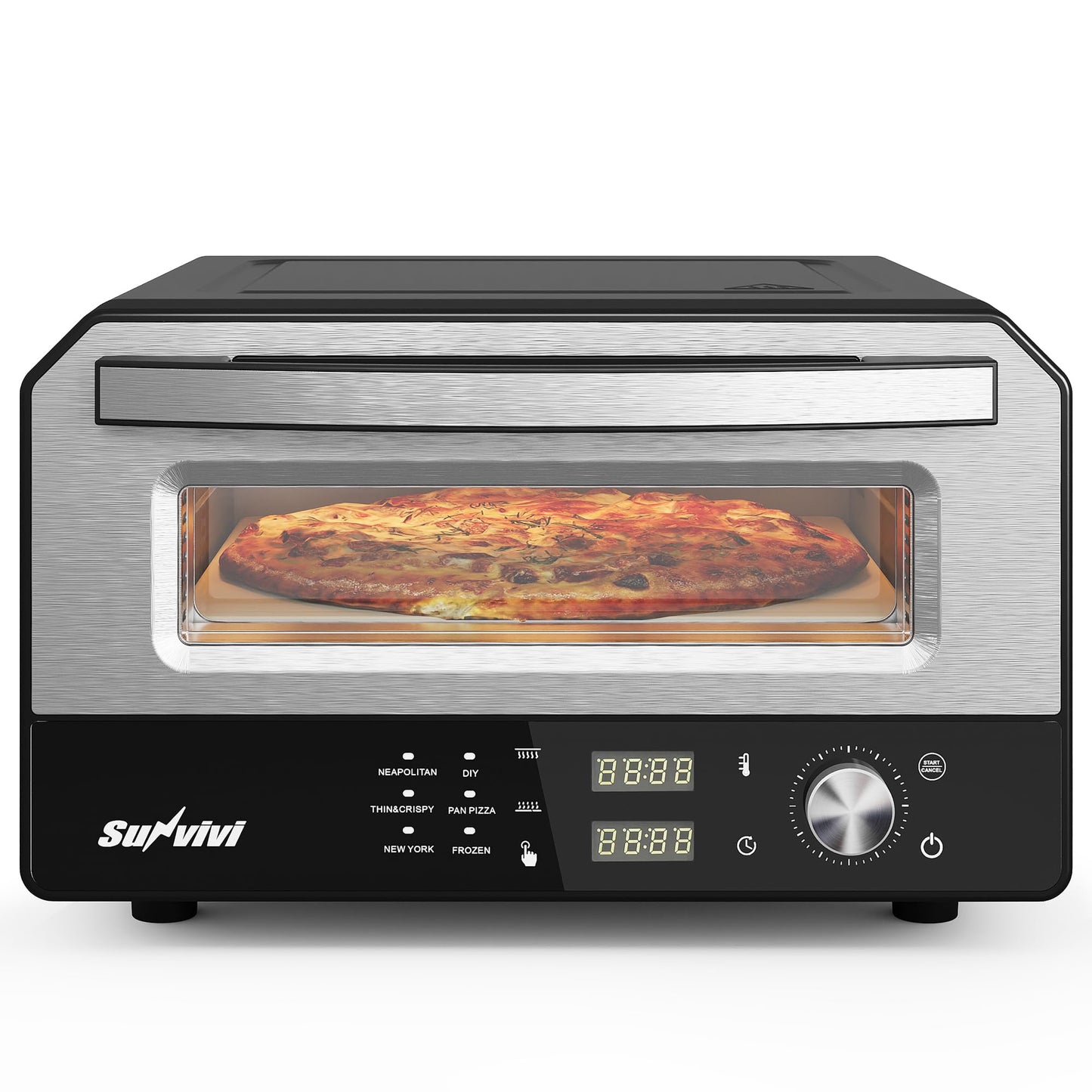 SUNVIVIPRO Pizza Oven Indoor Outdoor: Heats up to 750℉, Up to 12" Electric Countertop Pizza Maker with 6 Presets, Control Knob, Portable Pizza Cooker Warmer for Home, Camping, Pizza Stone, Pizza Peel