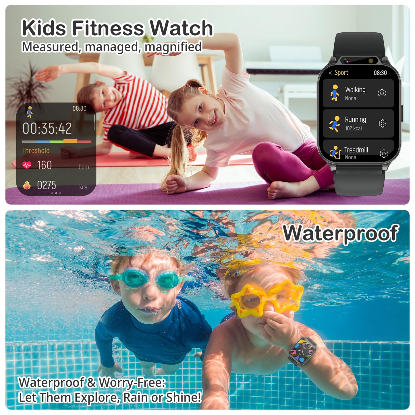 Kids Waterproof Smart Watch with Fitness Tracker Sports Activity Pedometer Heartrate SpO2 Stress Monitor Flashlight APP HD Touch Screen Camera Music for 4-13 Year Old Boys Gifts for Kids