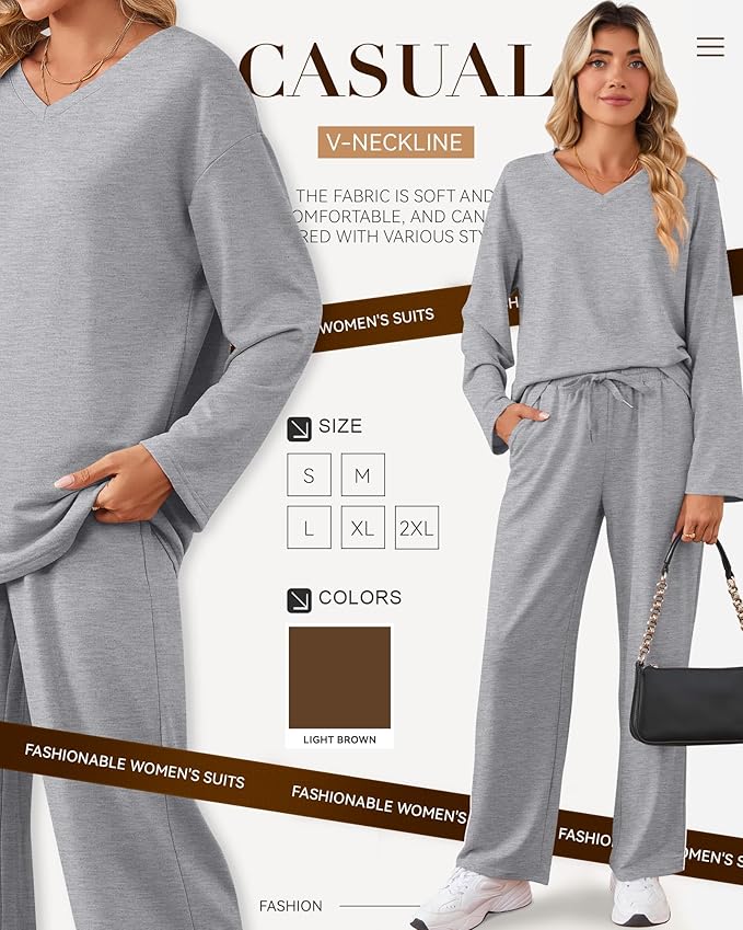 JoyMotion 2 Piece Women's Sweatsuit, V Neck Oversized Tracksuit Wide Leg Pant Fall Lounge Set Long Sleeve Sweatshirts Outfit