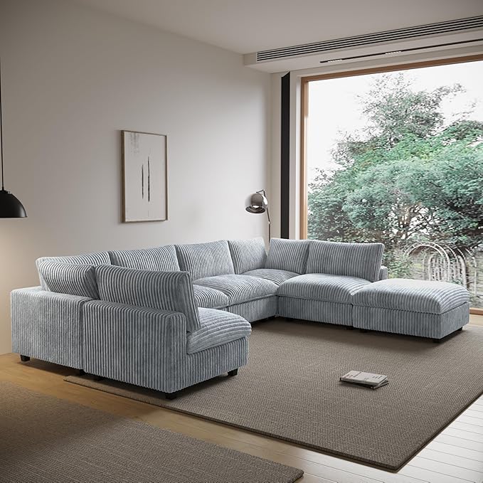 Cloud Modular Sectional Couch,157" Oversized 7 Seater Sofa,V Shaped Sofa Couch with Storage Ottoman,Plush Sofas with Chaise for Living Room,Covers Washable&Replaceable (Grey)