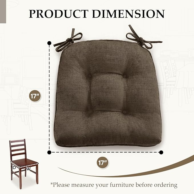 HARBOREST Chair Cushions for Dining Chairs Set of 4 - Chenille Tufted Kitchen Chair Cushions with Ties and Non-Slip Bottom, Foam Chair Pads for Dining Chairs, 17" x 17", Brown