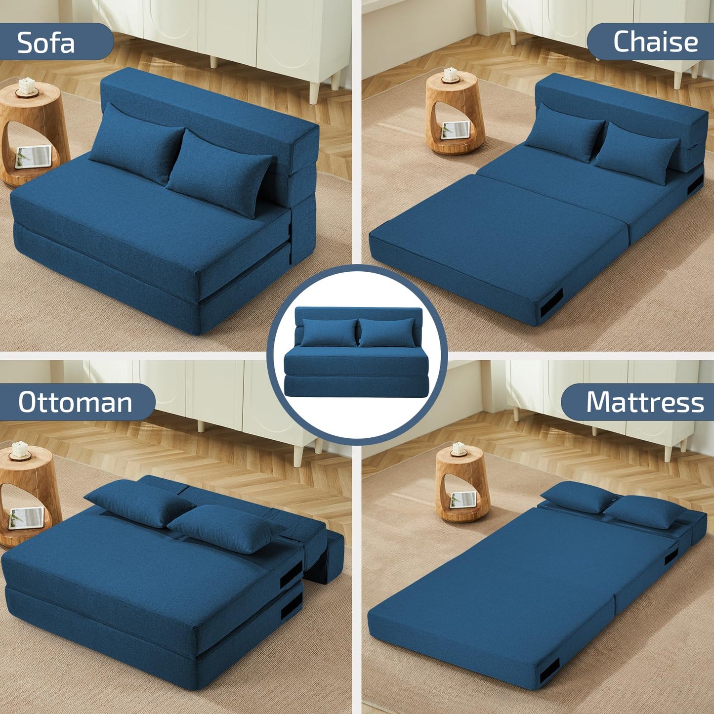 SUYOLS Folding Sofa Bed with Pillows- Convertible Chair Floor Couch & Sleeping Mattress, Foldable Memory Foam Sleeper for Living Room/Dorm/Guest Room/Home Office/Apartment/Loft, Twin, Navy Blue