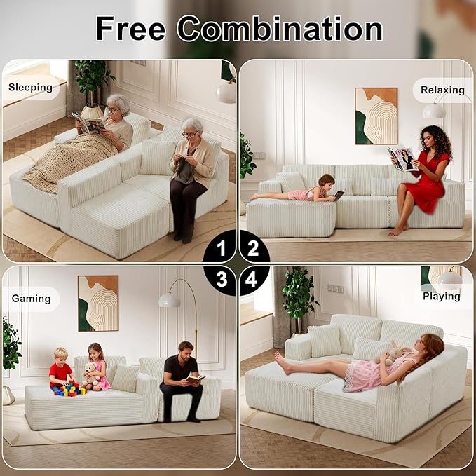 HYJT-H&K Modular Sectional Sofa Cloud Sectional Couch, 107" Comfy Fluffy L Shaped White Couches for Living Room, Deep Seat Memory Foam Plush Corduroy Boneless Couch Sectionals Left Facing Chaise Sofa