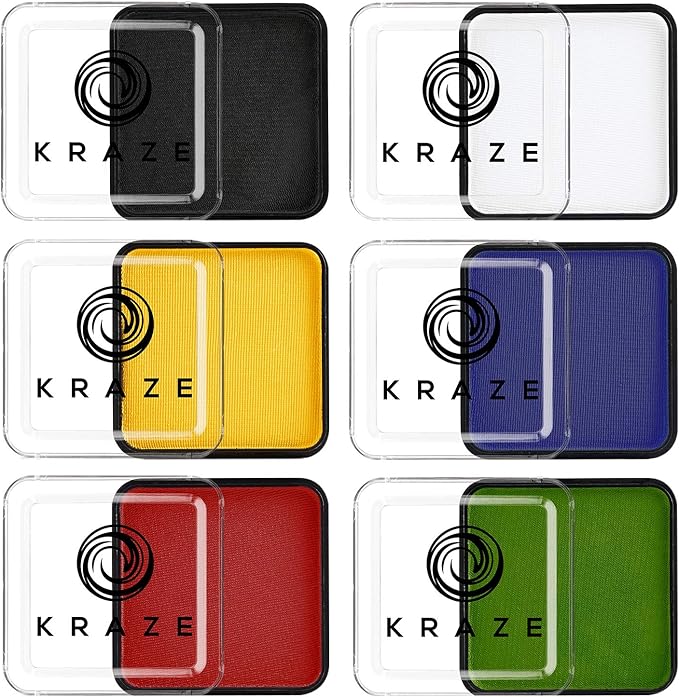 Kraze FX 6 Primary Colors Face Paint Set (Black, White, Red, Blue, Green, Yellow) - 25 gm each, Hypoallergenic, Non-Toxic, Water Activated Professional Face & Body Painting Makeup, Combo Value Pack