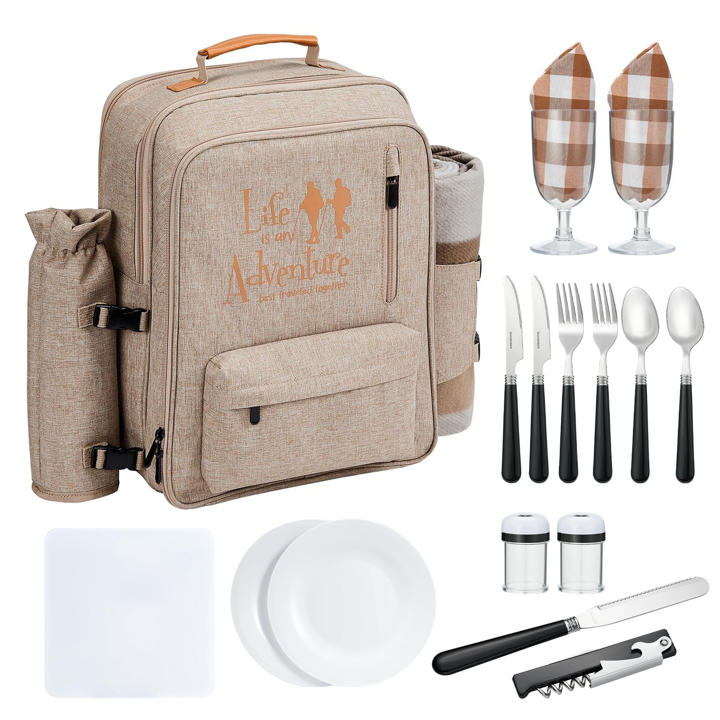 24L Insulated Picnic Basket Leak Proof Picnic Backpack for 2, Light Brown Camping Gifts, Cool Bridal Shower Gifts for Bride & Groom, Mr & Mrs, Anniversary Engagement Wedding for Newly Engaged Couples