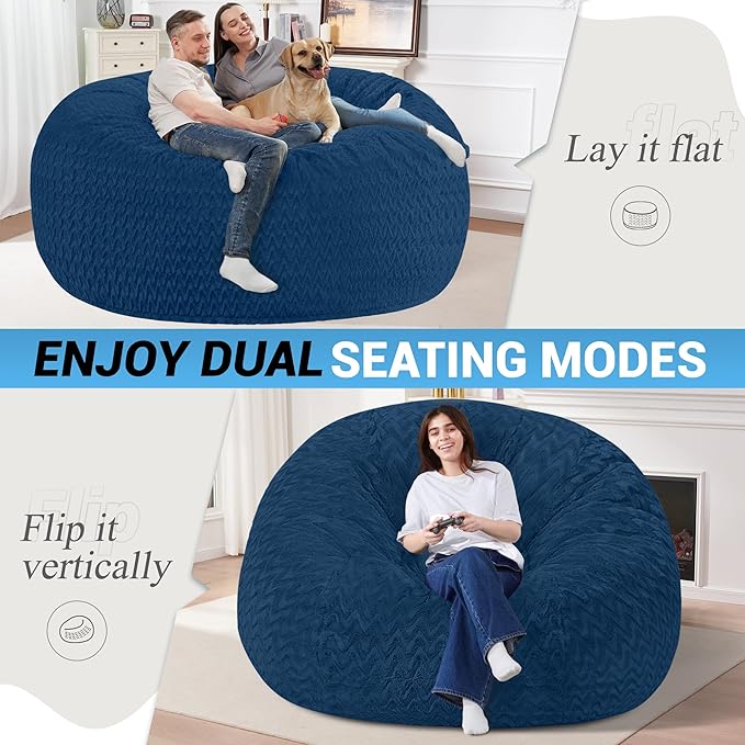6FT Bean Bag Chair,Giant Bean Bag Chairs for Adults,Big Bean Bags with Memory Foam Filled, Large Beanbag Chairs with Chevron Plush Cover-Blue