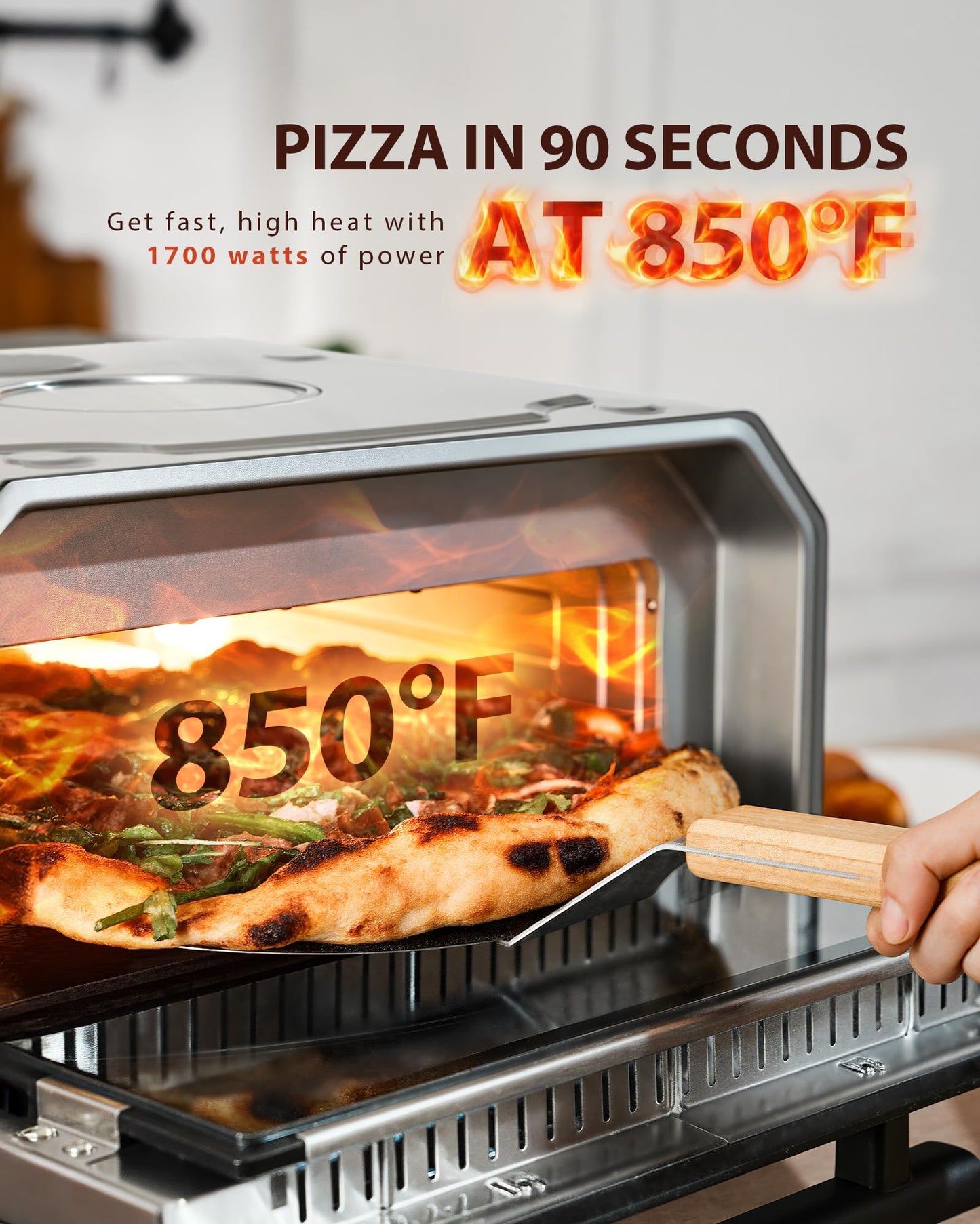 Indoor Pizza Oven, 12 Inch Pizza in 90 Seconds, Heats up to 850°F Pizza Maker, 10-in-1 Countertop Electric Pizza Oven with 6 Touchscreen Presets, Silver