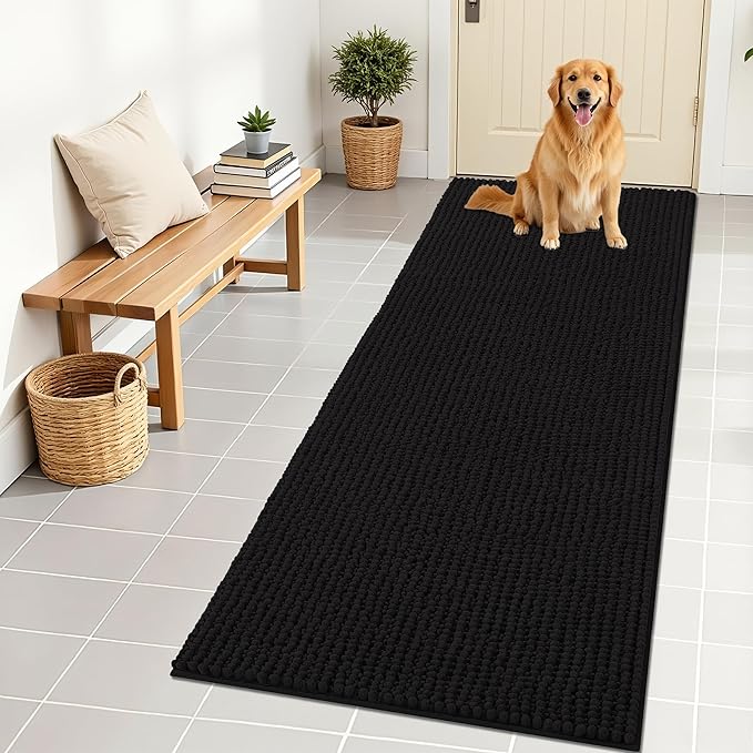 OLANLY Dog Door Mat for Muddy Paws 70x24, Ultra Absorbent Chenille Mud Doormat, Non-Slip Washable and Dirt Trapping Doormat for Indoor Entryway, Quick-Dry Indoor Pet Bed Mats for Dogs, Black