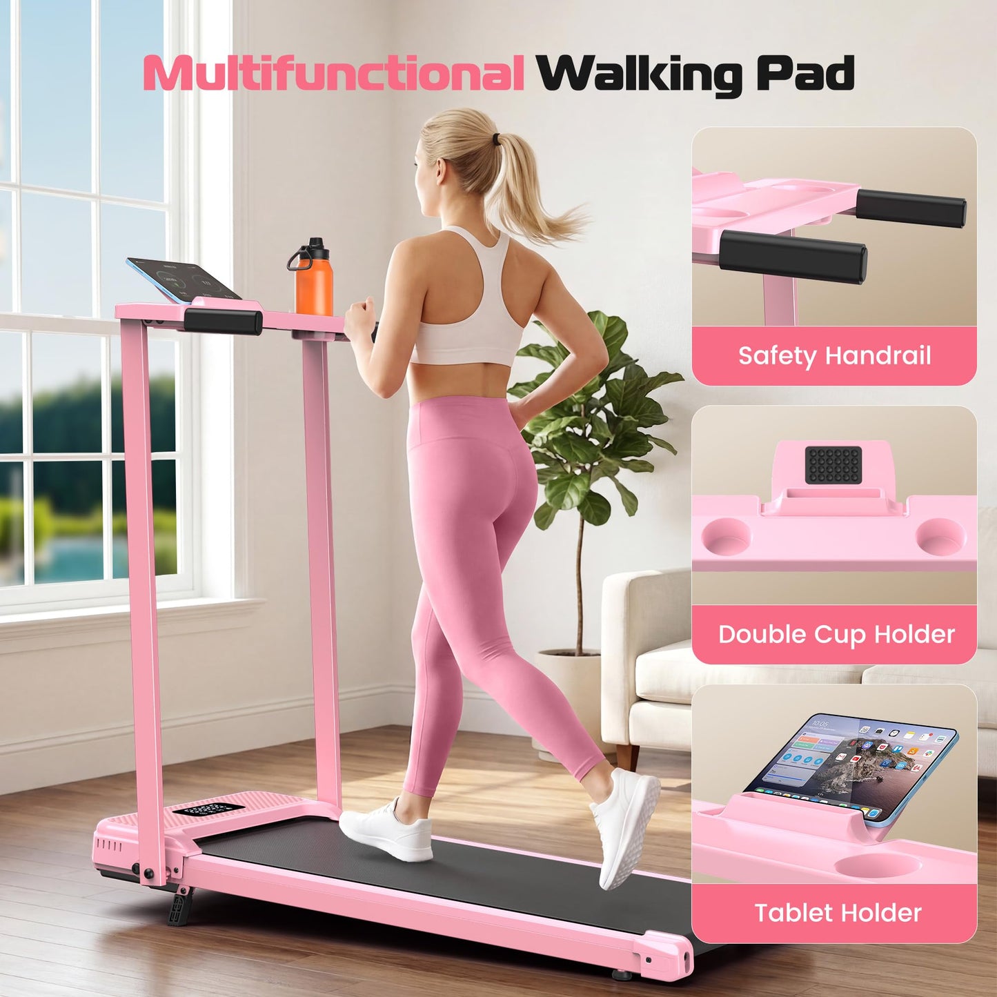 Pink Walking Pad Treadmill with Incline - Foldable Treadmills with Handle Bar, Compact Folding Treadmills for Home Small Spaces, Office, Remote Control & LED Display