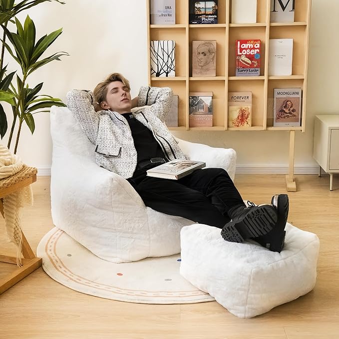 Cvortll Bean Bag Chair with Ottoman, Armrest Bean Bag Chairs with Filler, Ultra Soft Fluffy Faux Fur Bean Bag Chair with Foot Rest, Plush Lazy Sofa with Foot Stool for Living Room, Dorm