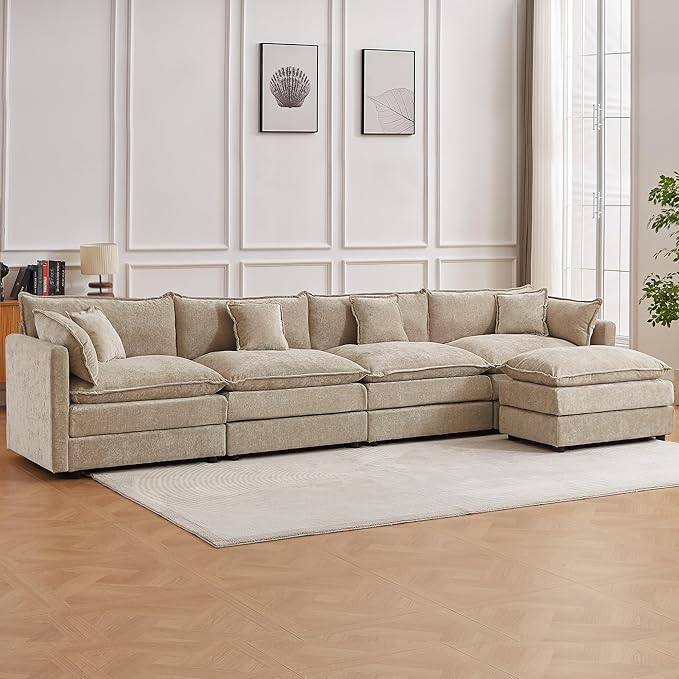 saows Modular Sectional Sofa, 147.2 Inch L Shaped Couch Set with Armrests, 4-Seater Comfy Cloud Couches with Movable Ottoman for Living Room Apartment, Coffee