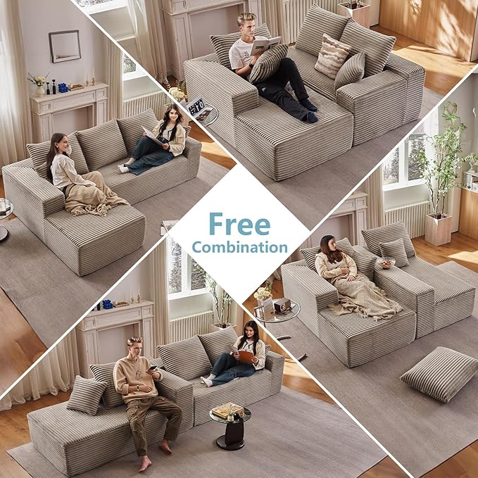 96" Cloud Sectional Couch with L-Shape Chaise, Modern Corduroy Boneless Couch for Living Room,Memory Foam Sofa with Deep Seat,No Assembly Required (Camel,Left-Facing Chaise)
