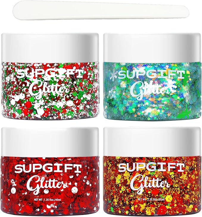 Christmas Body Glitter Gel SUPGIFT 4 Colors 8.5oz Holographic Chunky Mermaid Iridescent Laser Liquid Star Flower Leaf Sequ...