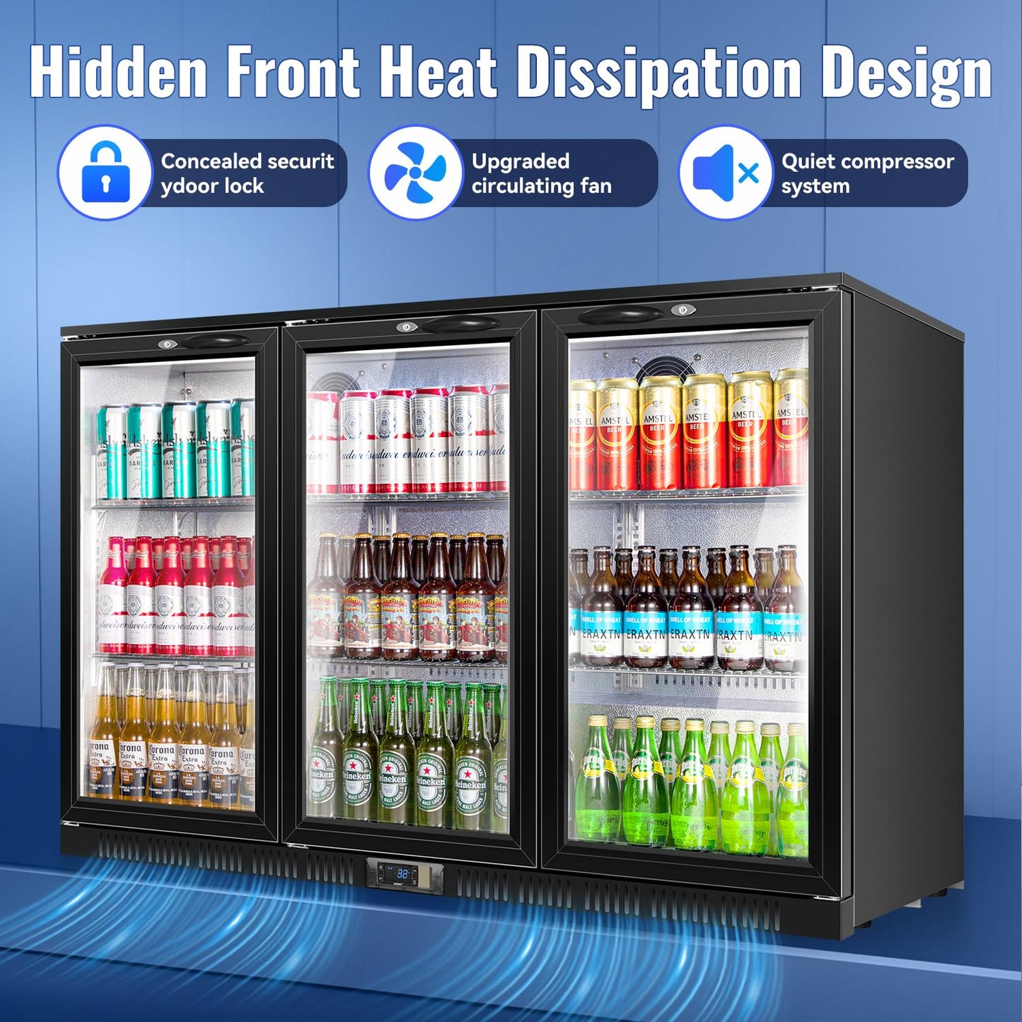 Tylza Back Bar Cooler With 3 Glass Doors, 312L Under Counter Back Bar Refrigerator with LED Lighting, Safety Locks, Counter Height Bar Beverage Cooler for Beer, Soda Drinks, Wine, Black