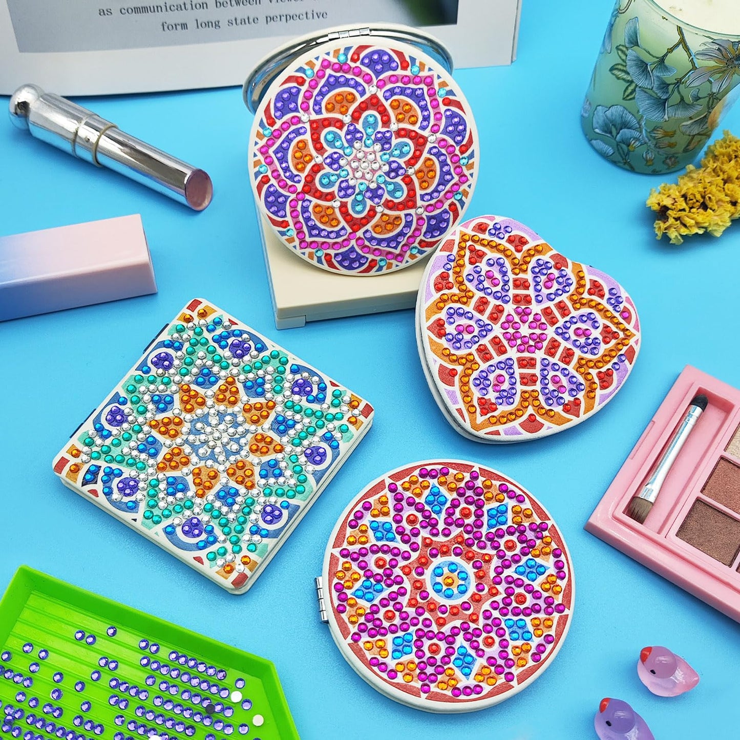 FILASLFT Diamond Art Mirror - 4 Pcs DIY Compact Portable Magnifying Folding Purse Mirror, Diamond Art Gifts (Mandala)