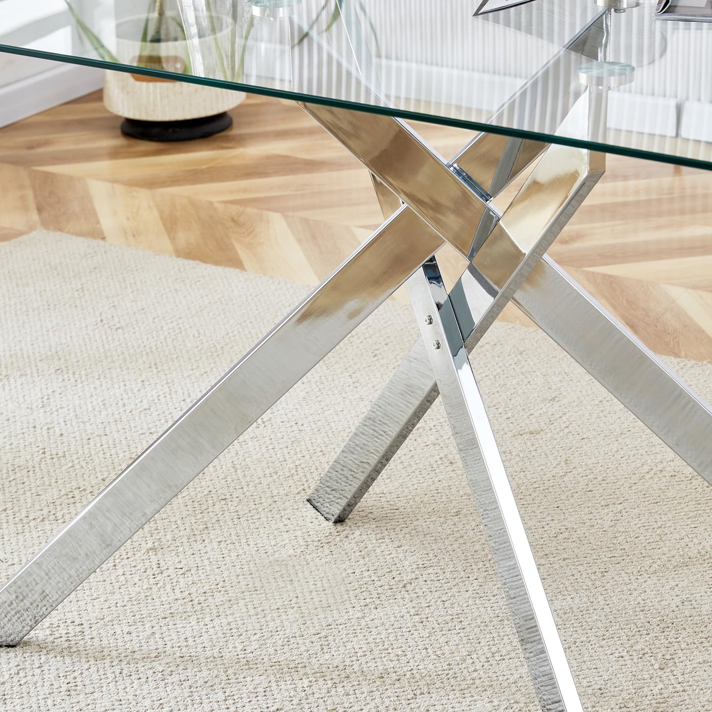 KUVADAZ 51" Rectangle Dining Table for 4 5 6 People, Modern Dining Table with Silver Chrome Metal X-Shaped Legs, Large Glass Kitchen Table Family Dinner Table for Home Office Living Room