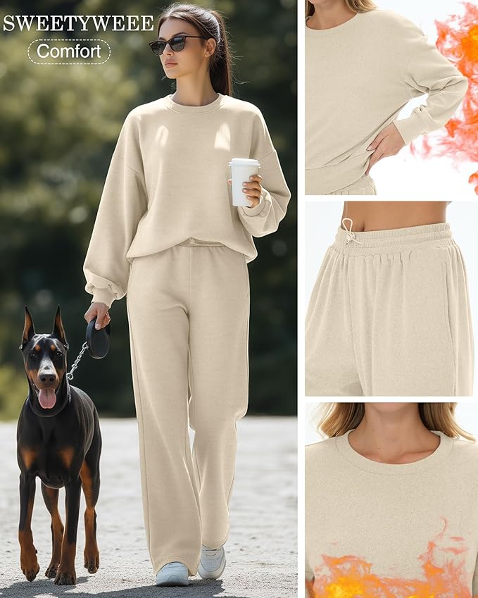 Sweetyweee Women's 2 Piece Outfits Set Fleece Lined Lounge Sweatsuit Crewneck Pullover Top Wide Leg Pants Casual Tracksuit