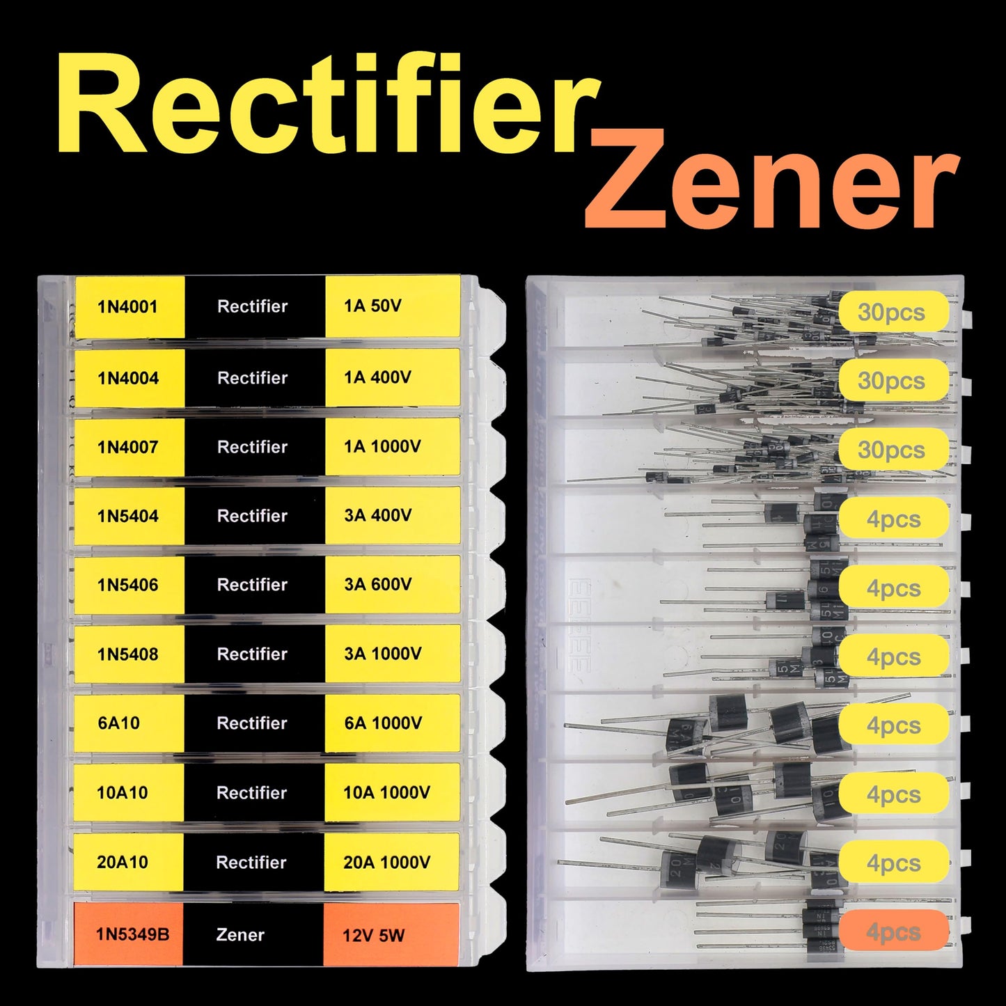 EEEEE 20 Kinds 200 Diode Assortment Kit 6A10 10A10 20A10 15SQ045 20SQ050 1N34A 1N914 SR560 DB3 1N5349B 1N4001 1N4004 1N4007 1N5404 1N5406 1N5408 1N4148 1N5817 1N5819 1N5822 Zener Schottky Rectifier