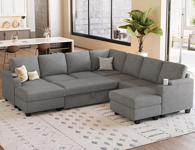 Belffin Modular Sectional Sofa with Pull Out Couch Bed Sectional Couch Convertible Sleeper Sofa with Cup Holder. Light Gery