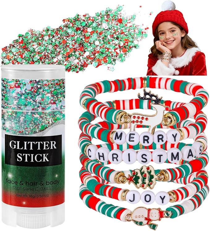 Mysense Christmas Glitter Stick for Face Hair Body and 6 Pack Joy & Merry Christmas Bracelets Set,Christmas Accessories fo...