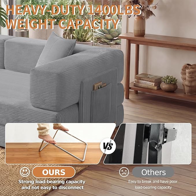 Fancyfire 78.8" Convertible Sofa Bed with Armrest Pillow,4-in-1 Sleeper Couch Bed for Livingroom,Modular Corduroy Boneless couches,No Assembly (Grey)