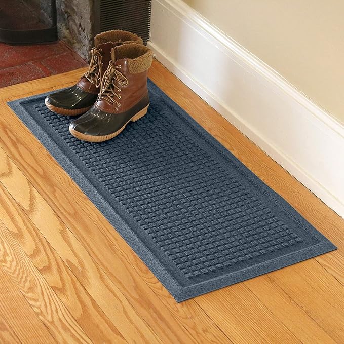 Bungalow Flooring Waterhog Indoor/Outdoor Boot Tray, 15 by 36 inches, Made in USA, Skid Resistant, Easy to Clean, Catches Water and Debris, Squares Pattern, Bluestone
