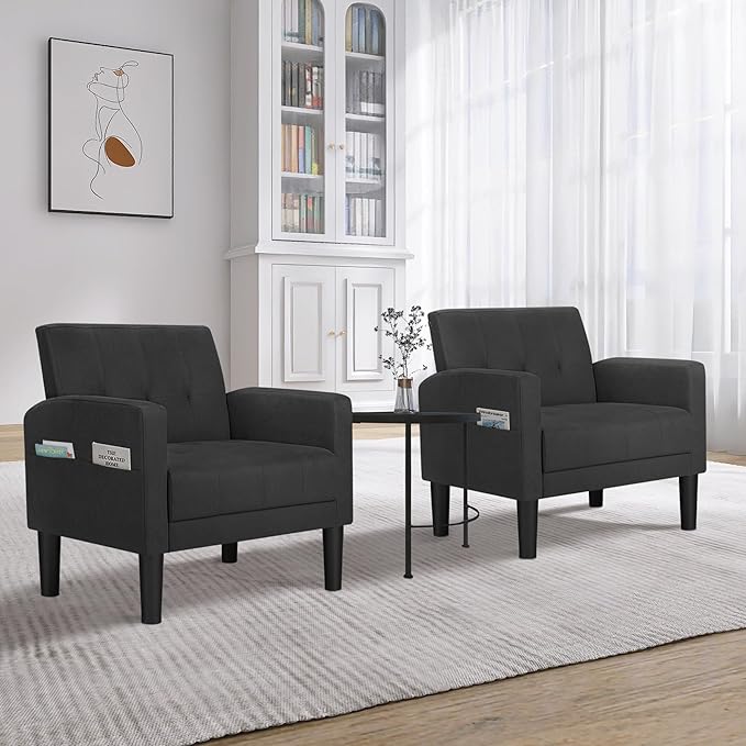 TYBOATLE Accent Chairs Set of 2 Living Room Chairs Cozy Tufted Mid Century Modern Accent Chairs with Arms for Bedroom Comfy Reading Arm Chair Small Chairs for Small Spaces Office (2, Dark Grey)