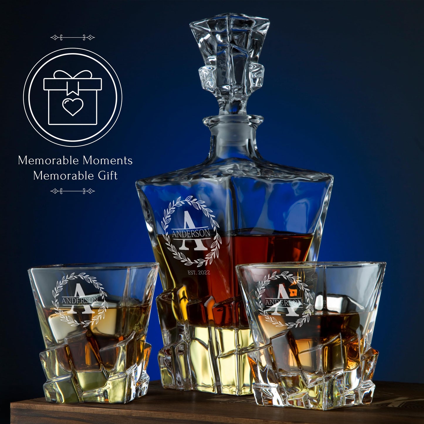 Personalized Whiskey Decanter and Stones Set - Customized Gift for Men, Dad, Father - Engraved Rocks Whiskey Decanter, 2 XL Glasses, 8 Whisky Cubes, 2 Coasters, Tongs, Pouch in Wooden Gift Box