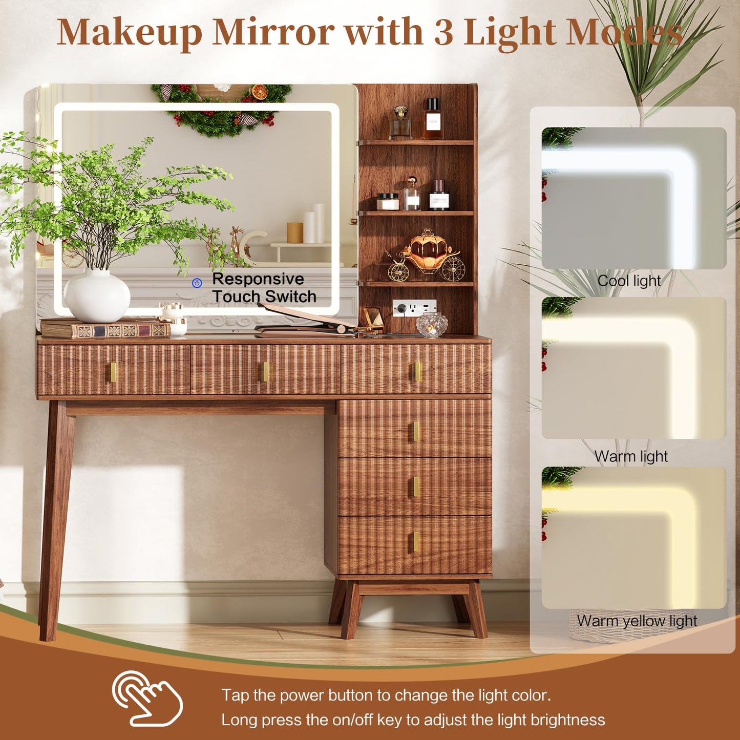 Large Makeup Vanity Desk with Mirror and Lights, Vanity Desk with 6 Drawers & Storage Shelves, Vanity Table with Power Outlet, 3 Color Modes & Adjustable Brightness Dressing Table, Bedroom,Walnut1